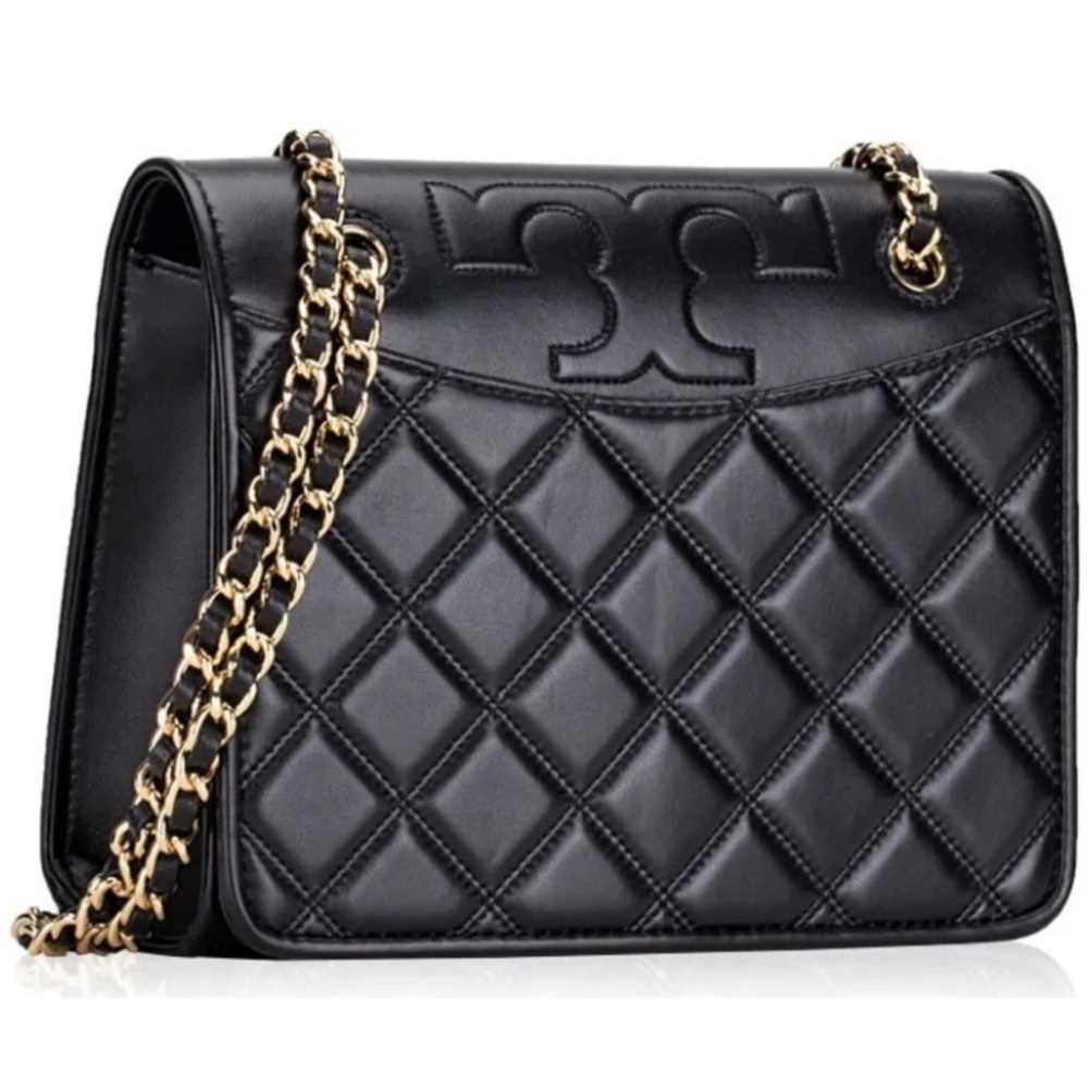 Tory Burch Savannah Black Leather Shoulder Bag with Gold Chain